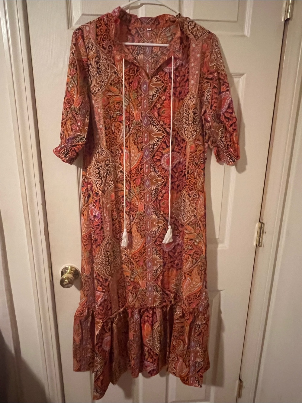 Boho Paisley Tassel Tie Midi Dress XL Patchwork Cottagecore Festival